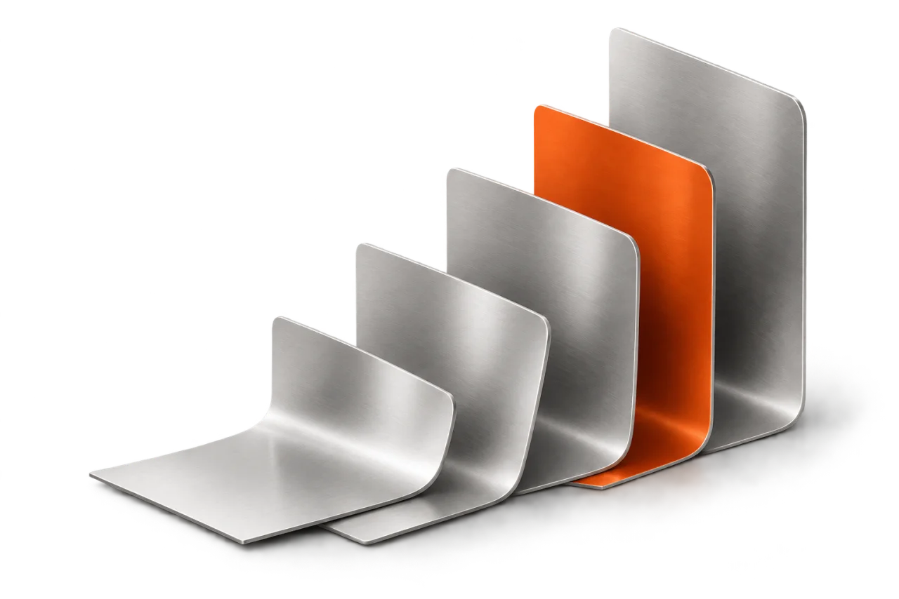 Planos de aluminio que se despliegan como páginas, con una lámina naranja